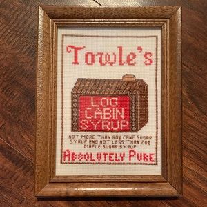 Towle’s Log Cabin Syrup framed cross stitch